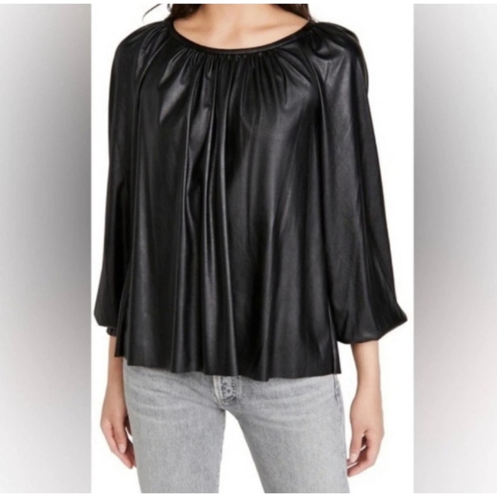 Ramy Brook Faux‎ Leather Blouse Blouson Top Black Smocked Cuff Gathered Small S